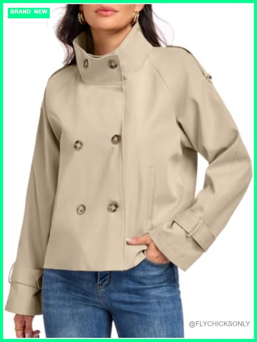 Womens Cropped Trench Coat Double Breasted Funnel Neck Fall Jacket Pockets